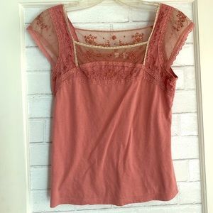 Pink Floral Lace Trim Shirt